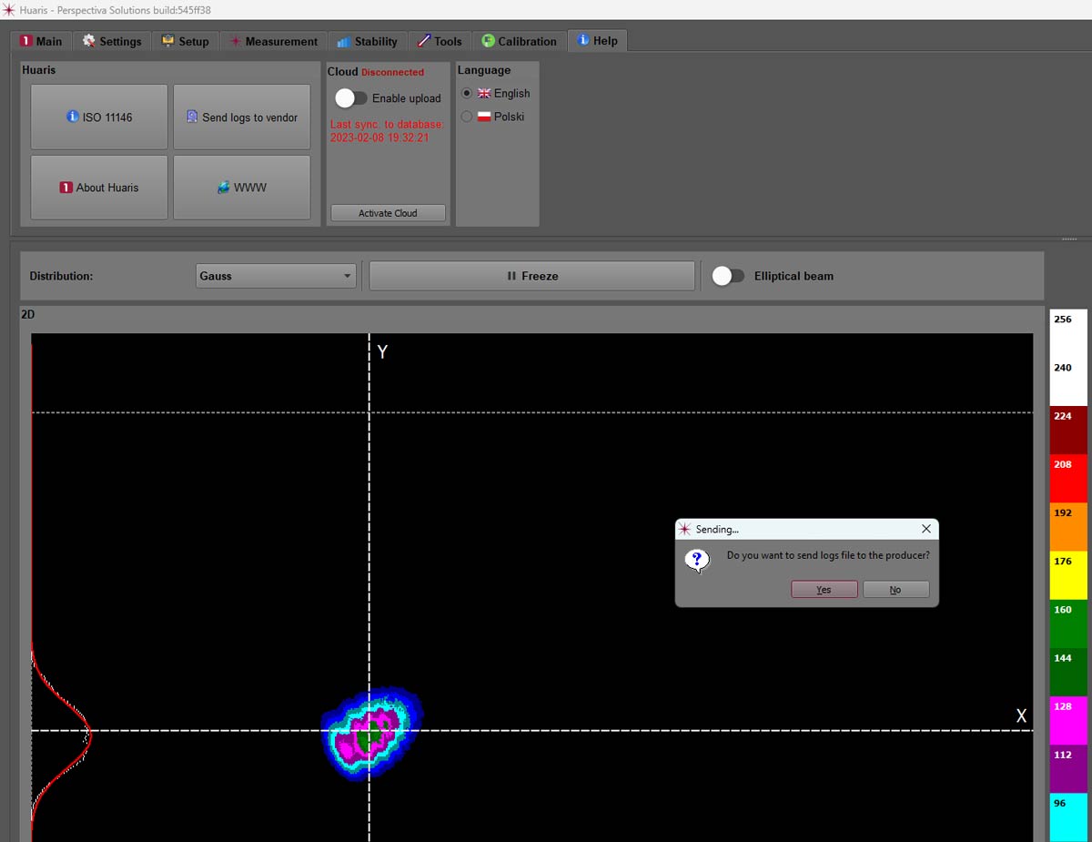 Huaris laser beam profiler desktop help menu application with activate cloud and send logs function