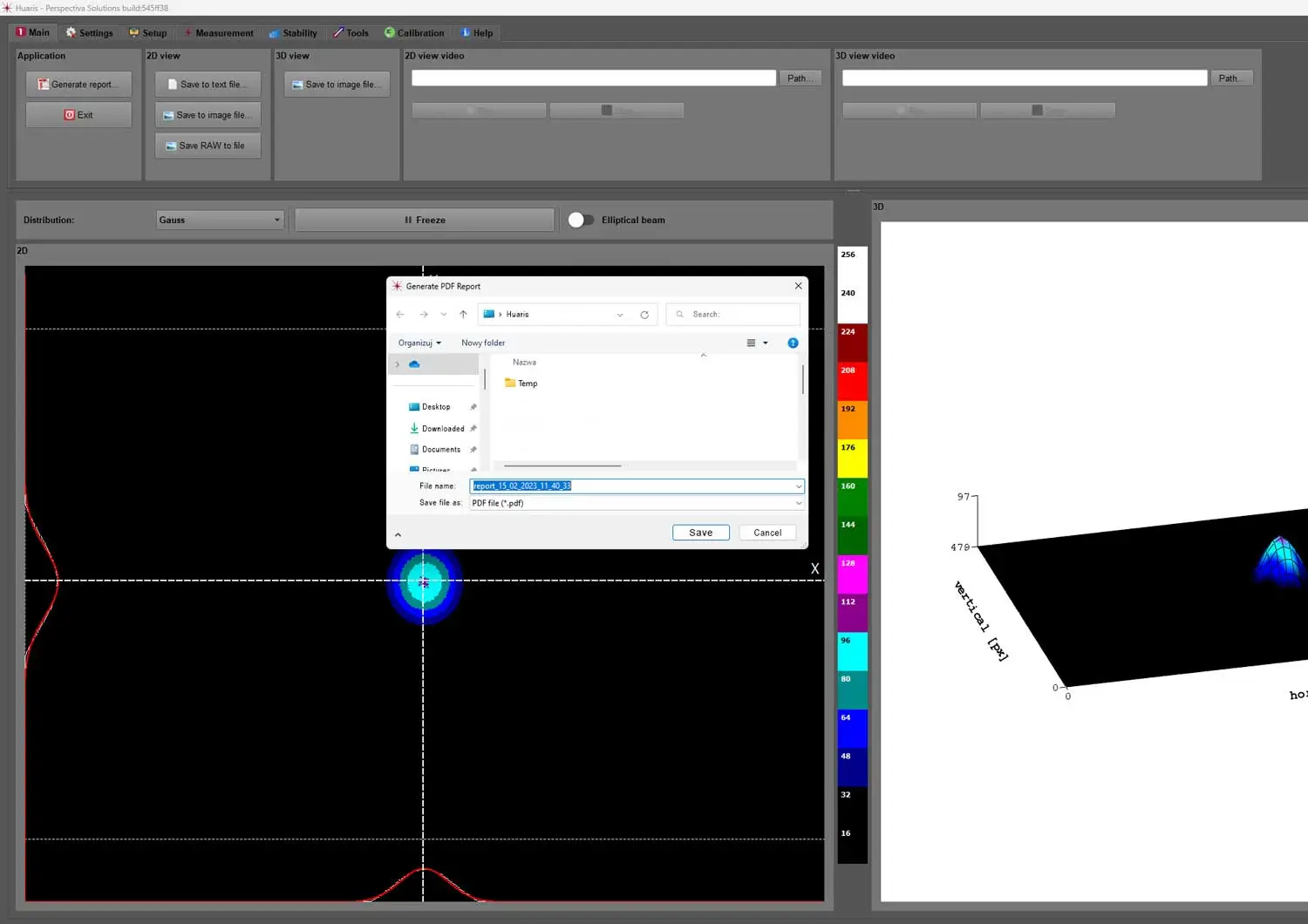 Huaris laser beam profiling software menu can generate report to pdf format